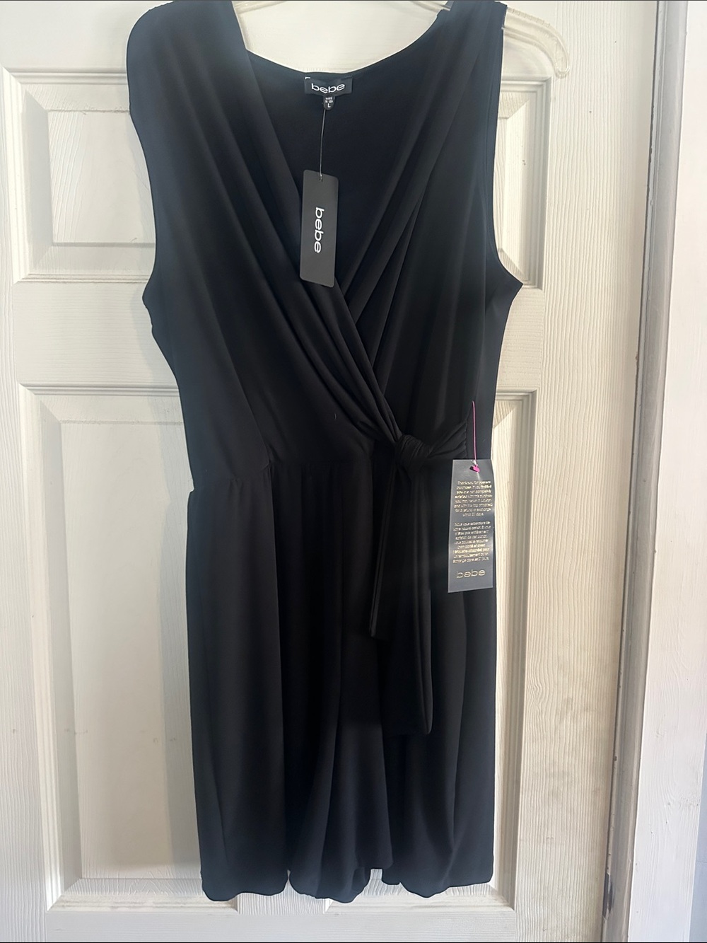 bebe Black Sleeveless Faux-Wrap Mini Dress